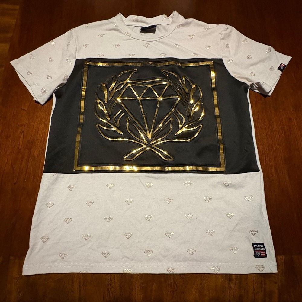 Phat Farm Vintage Y2K Diamond Wreath Graphic T-Shirt Gold Black White Hip Hop